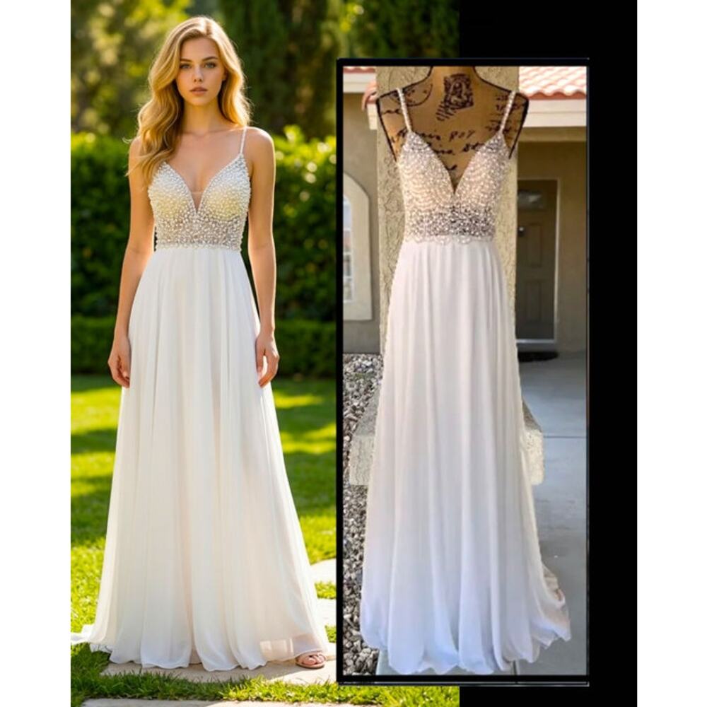 Lulus True Love White Beaded Rhinestone Maxi Dress S